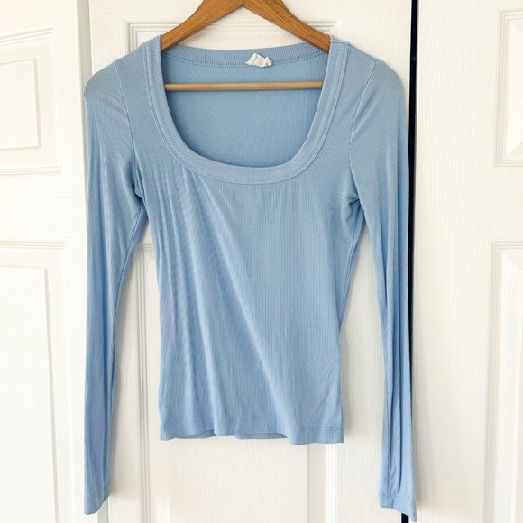 Cotton On Blue Rib Scoop Neck Long Sleeve Stretch Top Women’s Size Small EUC - Picture 2 of 7